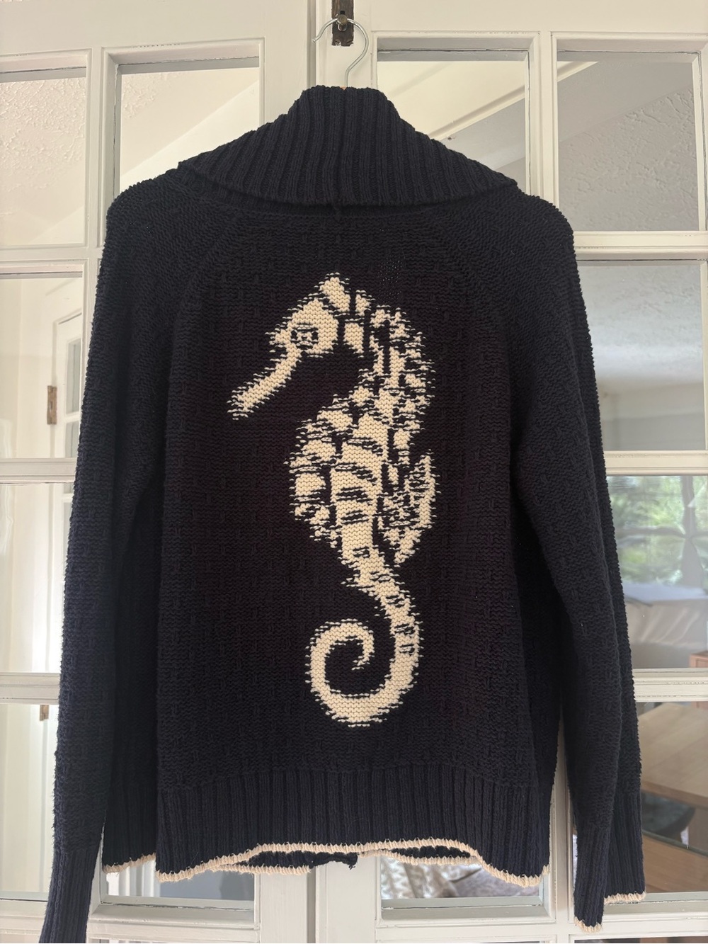 Women’s Shawl Collar Cardigan Seahorse Sweater - Navy Blue and white